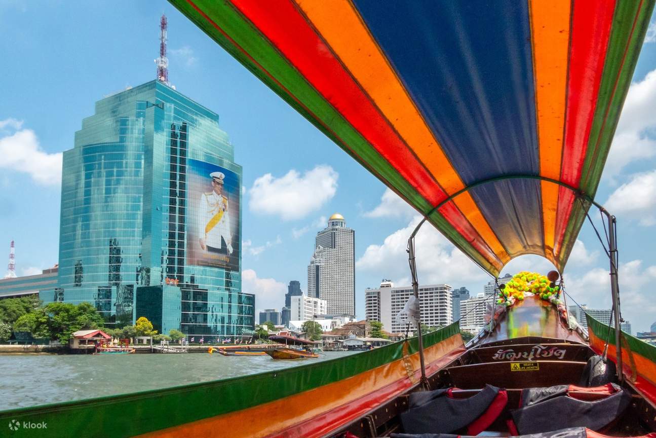 View of Bangkok from a long-tail boat on Chao Phraya river