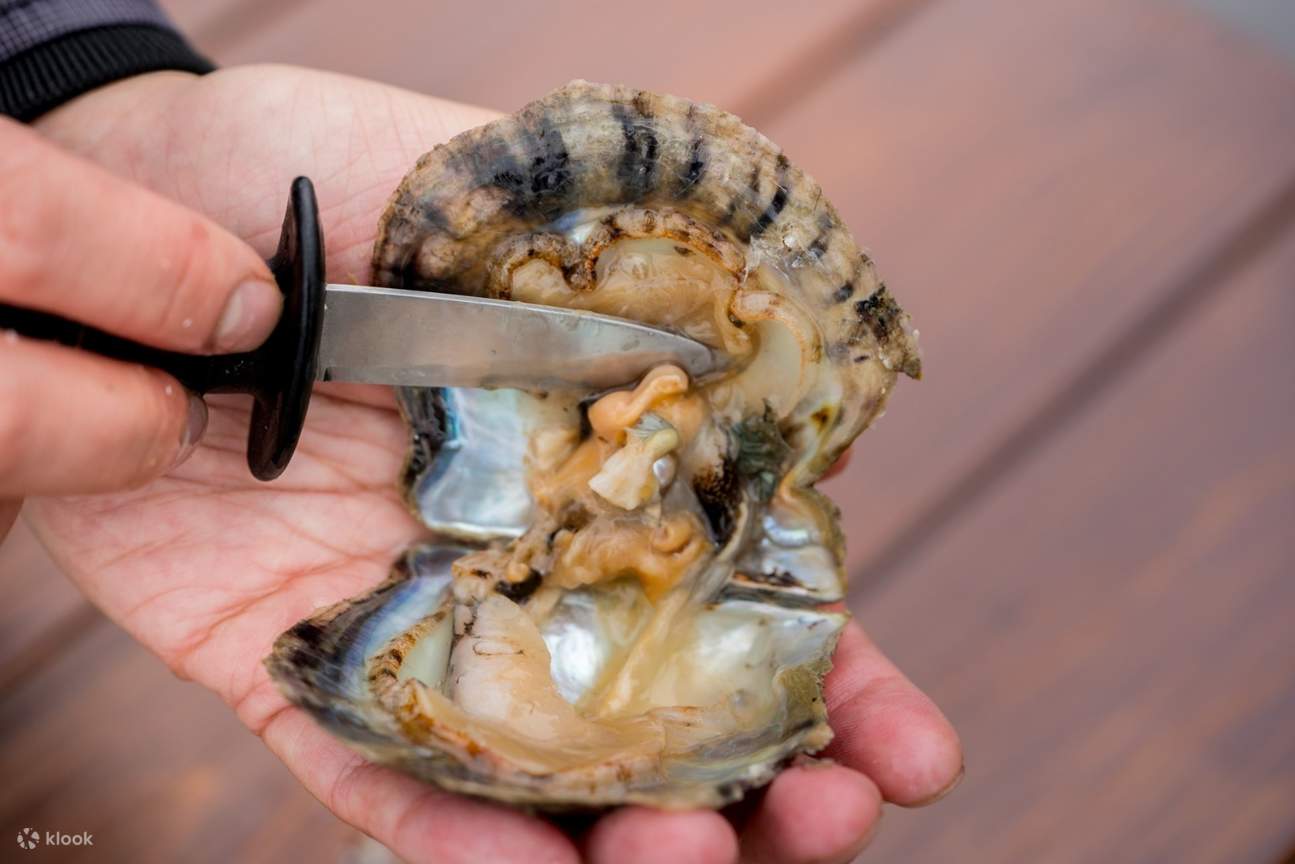 香港で牡蠣をむく