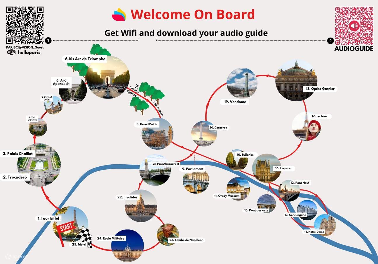 The complete tour route map showcasing all 24 major Paris stops, including the Eiffel Tower, Louvre, and Notre Dame