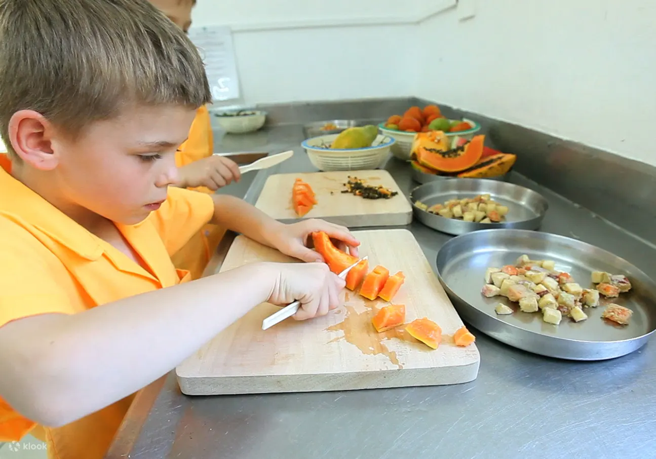 A child is preparing food for the animals