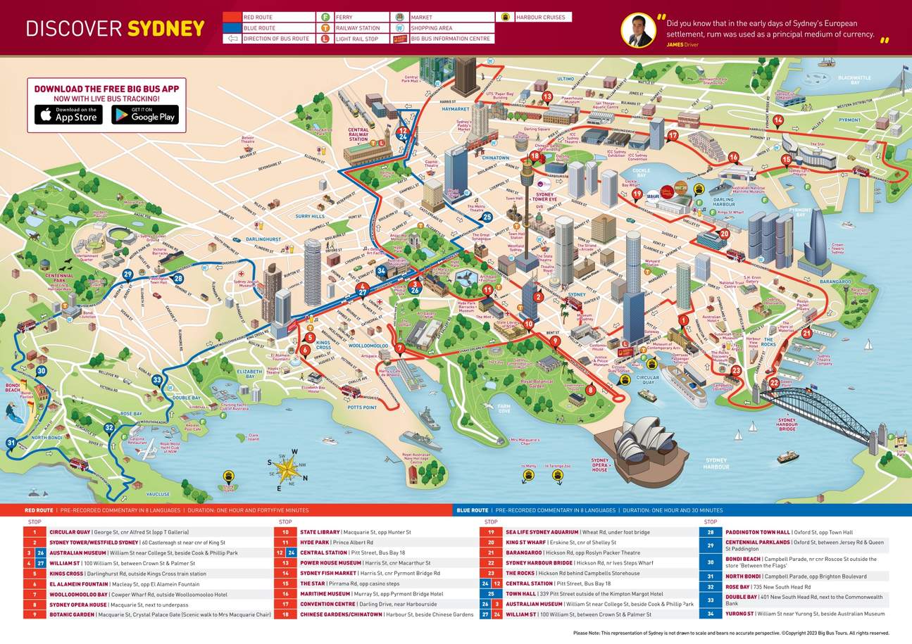 Sydney, tour in autobus Hop-On Hop-Off - mappa degli autobus