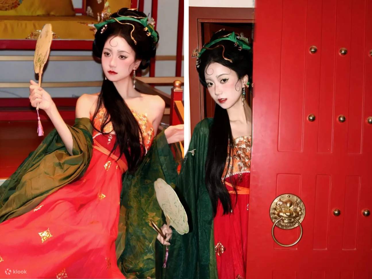 从少女喜爱的齐胸襦裙到男士的宽袖长袍，尺码齐全且质感上乘，穿在身上完全没有廉价感。专业妆造团队会根据汉服风格搭配发髻与配饰，珠钗、步摇点缀间，抬手投足都有了 “大唐人” 的韵味