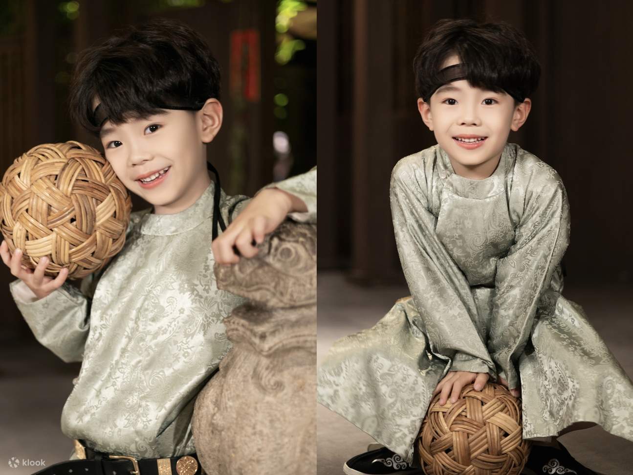 Дети, наряженные как игривые книжные мальчики, играют с мячами, воссоздавая детские забавы древних времен.