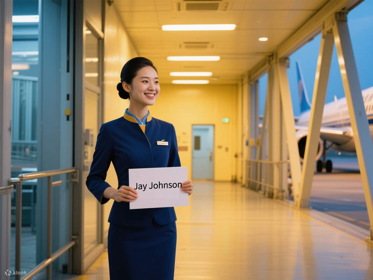 服務人員機艙口舉牌迎接