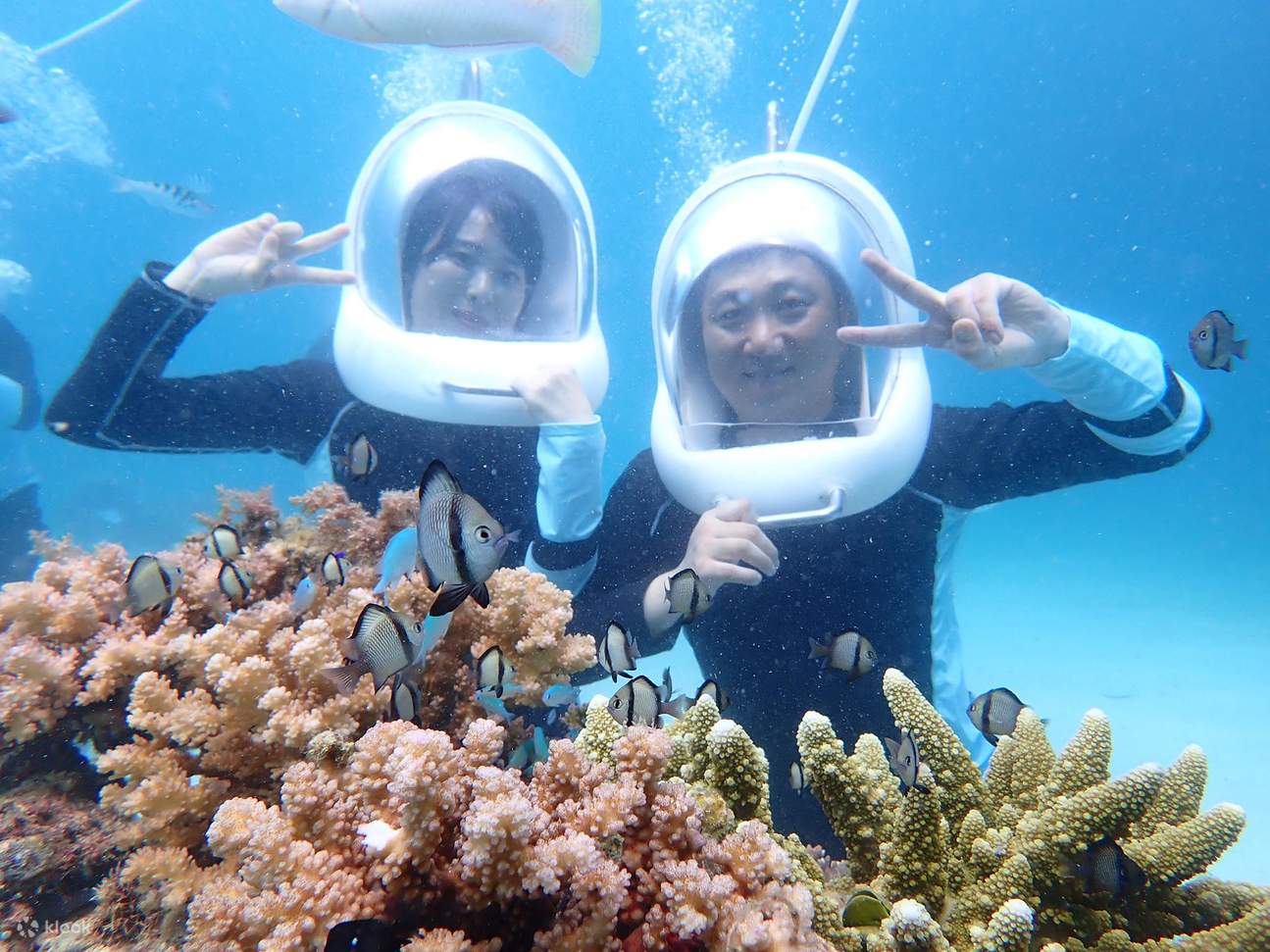 情侶在水下襬出和平手勢