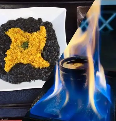 还提供特别的忍者菜肴和忍者饮料，非常适合午餐和晚餐。
手里剑形状的咖喱和忍者技巧，例如火焰软糖巧克力的艺术，不仅会满足客人的味蕾，还会满足客人的五种感官
