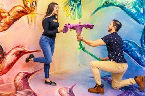 Persone che tengono un fiore gigante