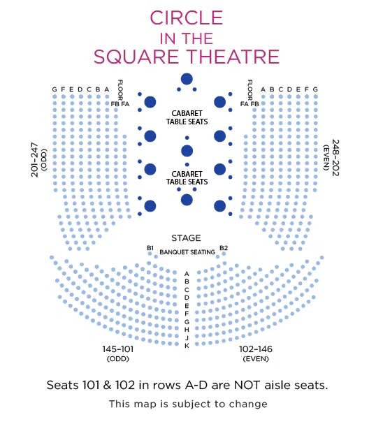 Circle in the Square’s cabaret-style seating chart transforms the theatre into a swinging nightclub
