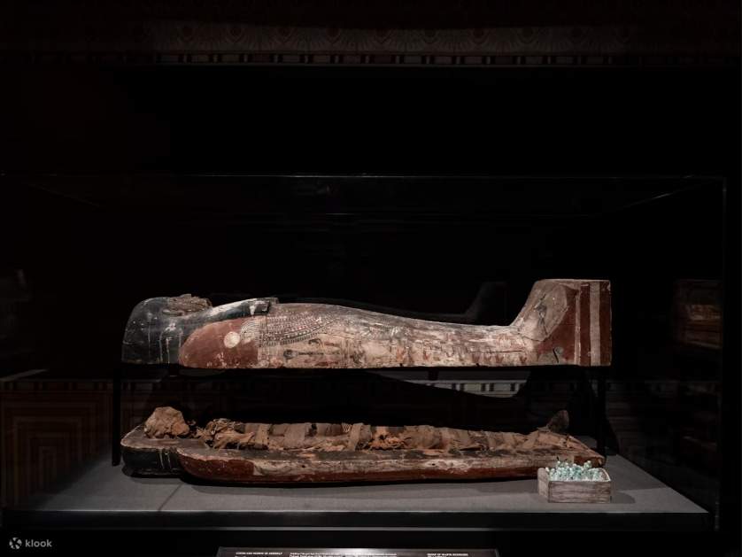 어두운 조명 아래 린넨에 싸여 보존된 이집트 미라를 만나보세요.