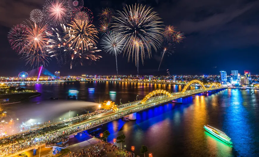 Dragon bridge with fireworks