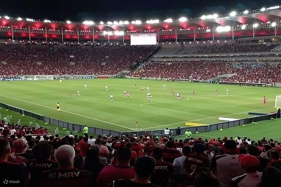 象徴的なマラカナンスタジアムで色鮮やかなジャージを着たファンが国歌を歌っている