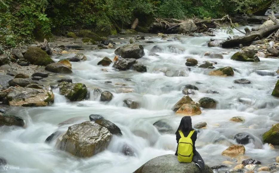 hiker sitting by stream in dayara bugyal