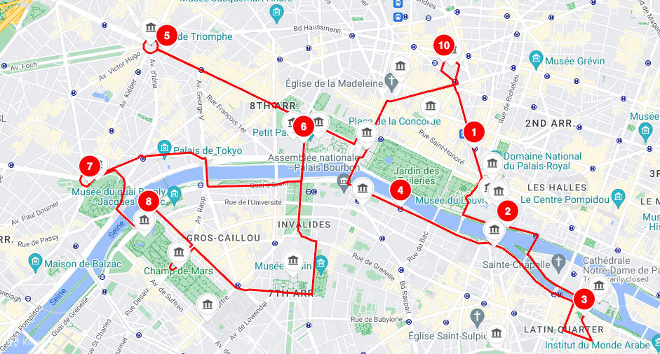 Paris Red Route tour from 10 different hop-on, hop-off stops