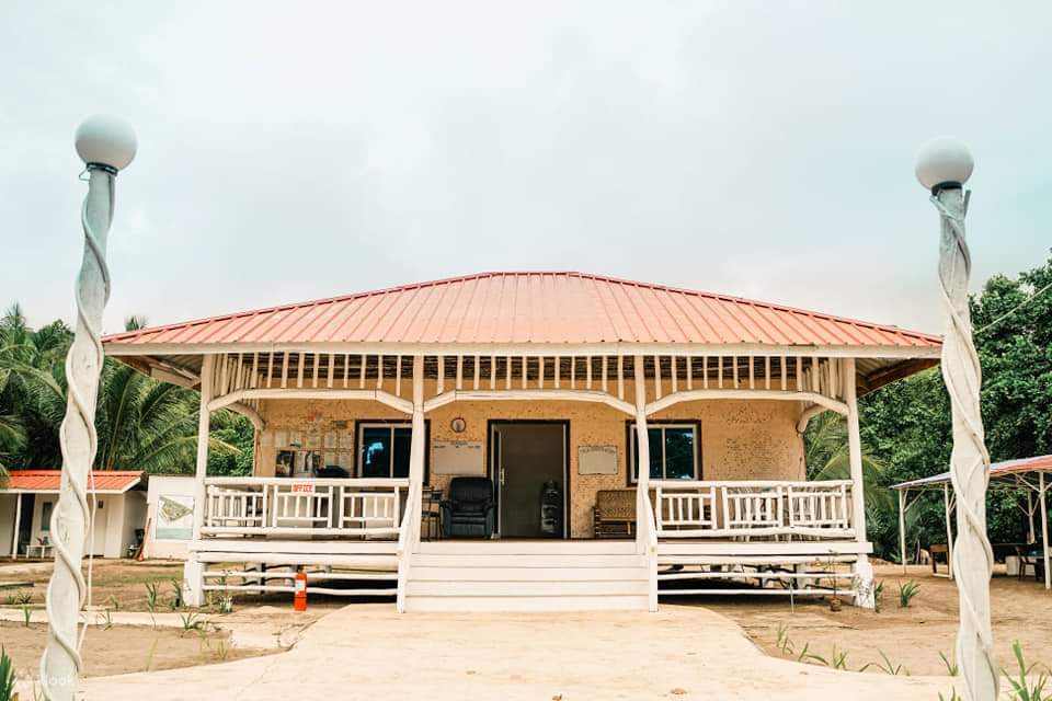 Rumah kecil berwarna putih dengan bumbung merah terang, terletak di persekitaran yang tenang