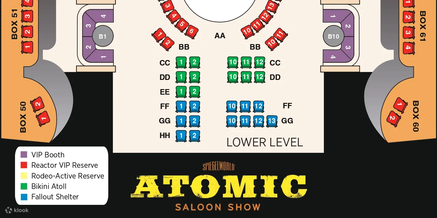 在座位图上找到最适合您的座位，享受难忘的 Atomic Saloon 体验
