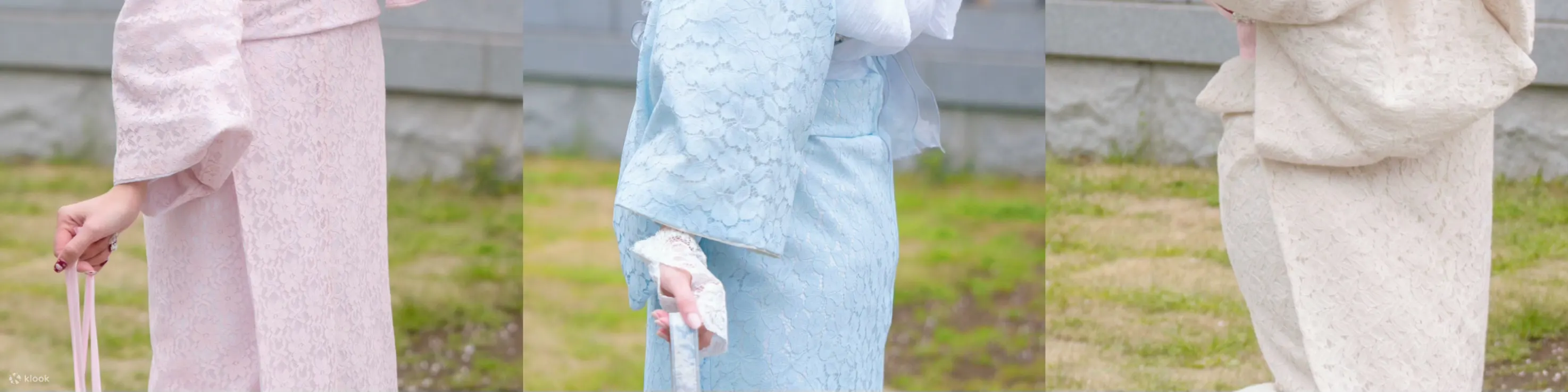 由左→右依次为粉色，蓝色，红白色※①和服是角色的同色系和服，和照片图示不保证一致。②手包是模特私人用品，您可以自带喜欢周边。③发饰为升级精美发型）